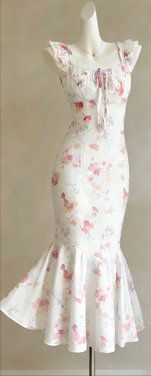 Square Neck White Floral Mermaid Formal Dress Watercolor Print Ruffle Flutter Sleeve Midi Homecoming Gown gh9473
