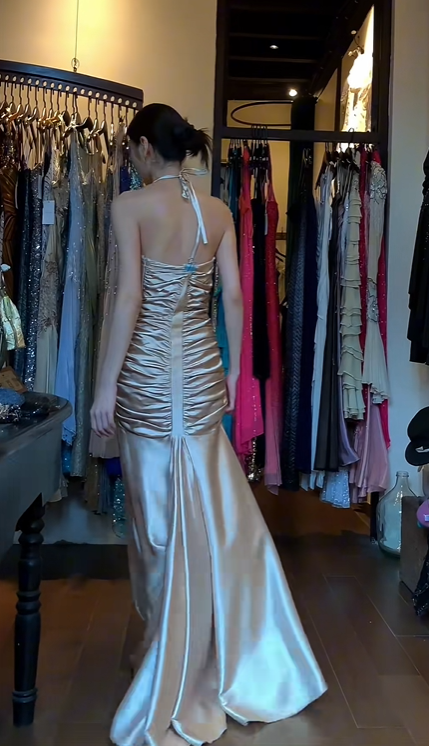 Halter Deep V Champagne Satin Evening Gown Front Ruched Mermaid Long Prom Dress gh9693