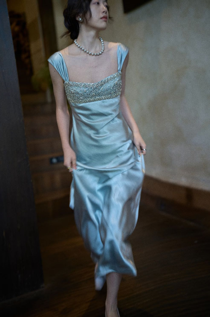 ✨Girlhomeshops-Light Ice Blue Wide Strap Rhinestone Beaded Satin Midi Formal Gown gh10267