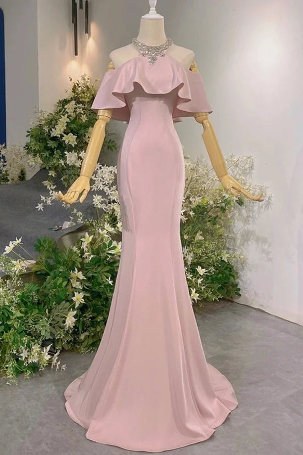 Schulterfreies, halterloses Meerjungfrauenkleid aus rosa Satin | Luxuriöses, elegantes Maxikleid mit Rüschenschleppe für den Galaball gh6482