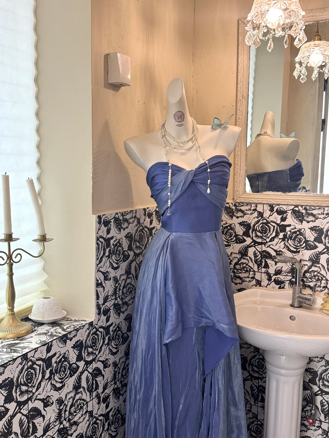 Slate Blue Strapless Waist-Cinched Fitted Asymmetrical Skirt Vintage Romantic Dress gh7508