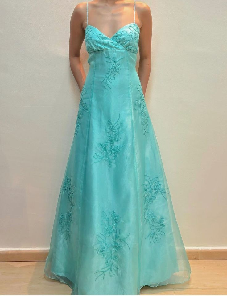 ✨Girlhomeshops-Mint Green Spaghetti Strap Floral Embroidery Organza A Line Formal Prom Gown gh10257