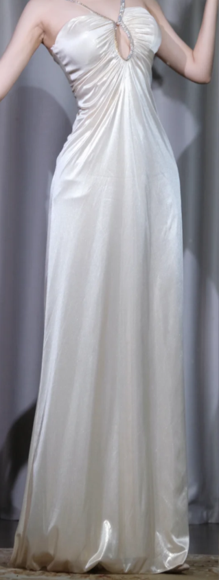 ✨Girlhomeshops-One Shoulder Satin Prom Dress, Champagne White Keyhole Cutout Rhinestone Long Evening Gown gh9949