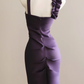 Women Dark Purple Satin Short Formal Dress V Neck Single Strap 3D Flower Ruffle Knee-Length Bodycon Cocktail Gown gh9567