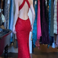 Red Halter Neck Long Evening Gown Sparkly Sequin Mermaid Prom Dress gh9673