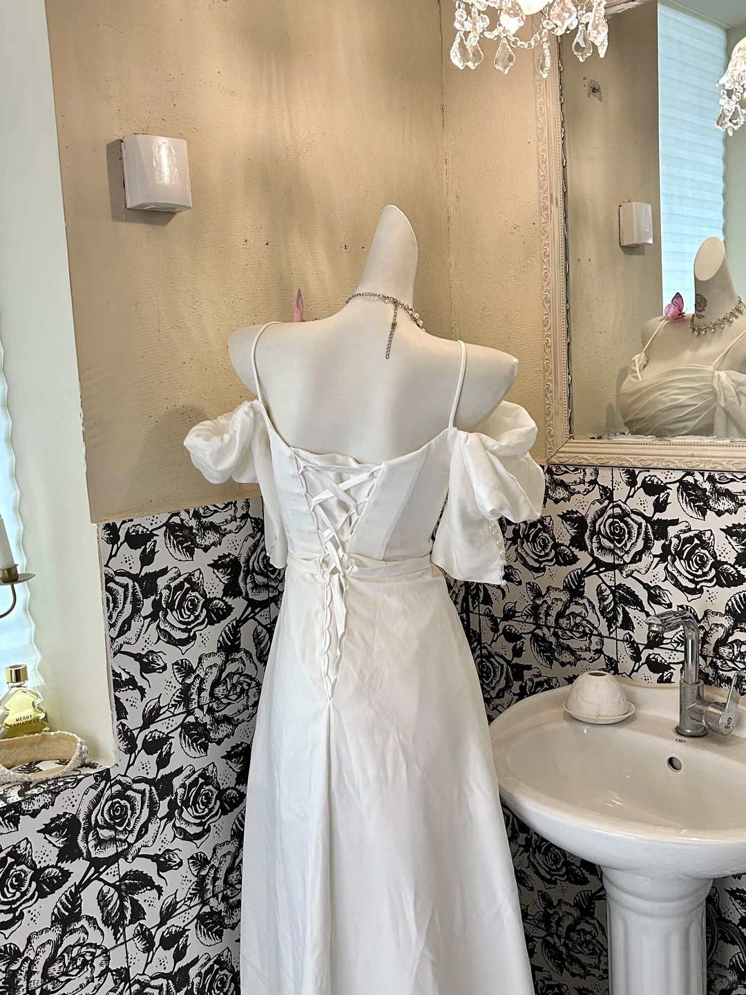 White Spaghetti Strap Off-the-Shoulder Waist-Cinched Elegant Vintage Romantic Dress, Wedding Gown gh7582