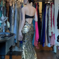 Strapless Two Tone Black Gold Evening Gown Ruched Satin Gold Sequin Mermaid Long Prom Dress gh9682