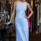 White Round Neck Satin Evening Gown Hand Beaded High Waist Long Prom Dress gh9677