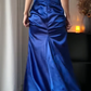 Royal‑Blue Vintage Strapless Sweetheart Prom Gown, Rhinestone‑Trimmed Neckline, Chest Bow Detail, Bodice & Waist Ruched Design, Glossy Satin Fabric, Fitted Mermaid Floor‑Sweeping Evening Dress gh8825