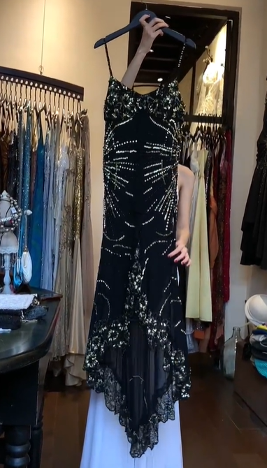 Spaghetti Strap Black Gatsby Beaded Sequin Evening Dress Irregular Lace Hem Formal Gown gh9799