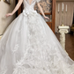 White Vintage Tulle Wedding Ball Gown, Tassel Fringe Illusion Round Neck Over Sweetheart Neck, 3D Floral Ruffle Puff Short Sleeves, Heavy Beaded Lace Appliqué Bodice, Voluminous A‑Line Tulle Skirt With Multi‑Layer Ruffle Hem, Prom Dress gh8655