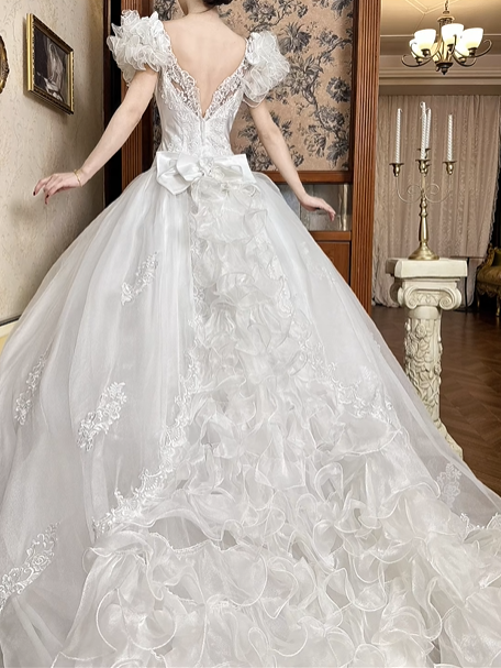 White Vintage Tulle Wedding Ball Gown, Tassel Fringe Illusion Round Neck Over Sweetheart Neck, 3D Floral Ruffle Puff Short Sleeves, Heavy Beaded Lace Appliqué Bodice, Voluminous A‑Line Tulle Skirt With Multi‑Layer Ruffle Hem, Prom Dress gh8655