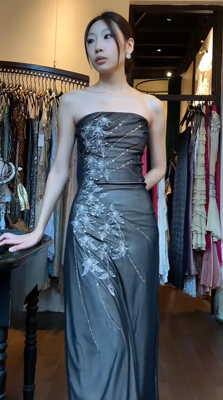 Strapless Black Tulle Evening Gown Silver Floral Beaded Embroidery Ruched Long Prom Dress gh9690