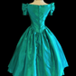 Peacock Green Satin Vintage Midi Ball Gown, V‑Neck Puff Short Sleeves, White Lace Shoulder Applique, Fitted Waist, Full A‑Line Midi Skirt, Retro Prom Dress gh8909