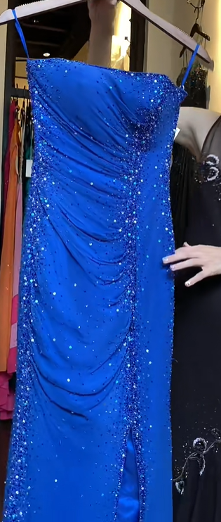 Spaghetti Strap Royal Blue Prom Dress Hand Beaded Rhinestone Ruched High Slit Chiffon Mermaid Evening Gown gh9827