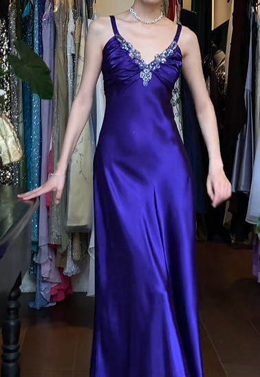Purple Vintage Prom Dress Double Spaghetti Straps V Neck Rhinestone Beaded Satin Long Evening Gown gh9607