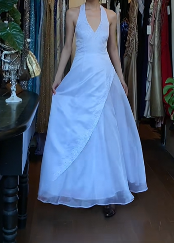 White Vintage Prom Dress Halter Deep V Asymmetric Layered Tulle A-Line Long Evening Gown gh9629