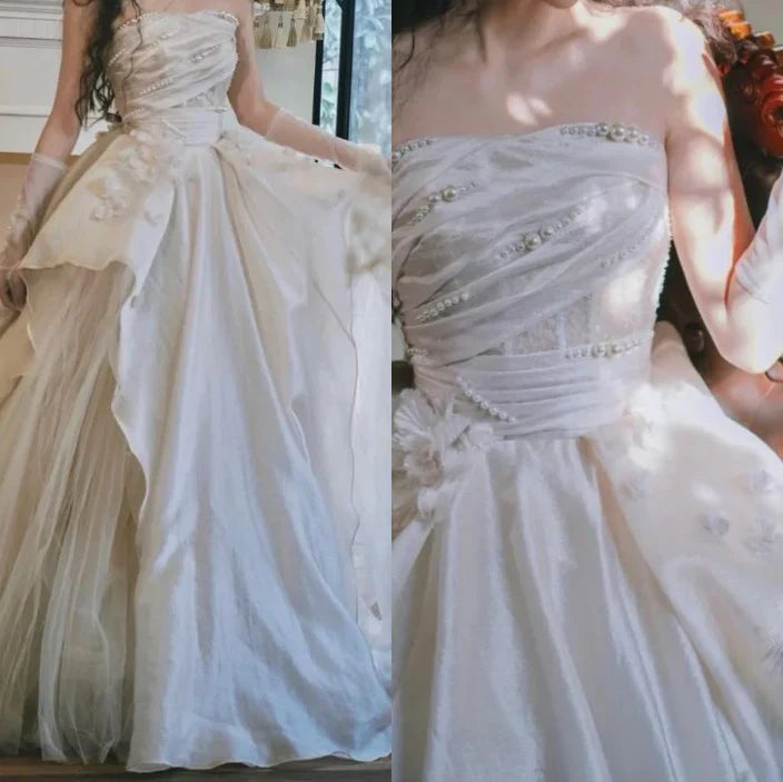 Pink Gorgeous Elegant Exquisite Beading A-Line Off Shoulder Long Tulle Ball Gown Evening Gown Wedding Dress gh3415