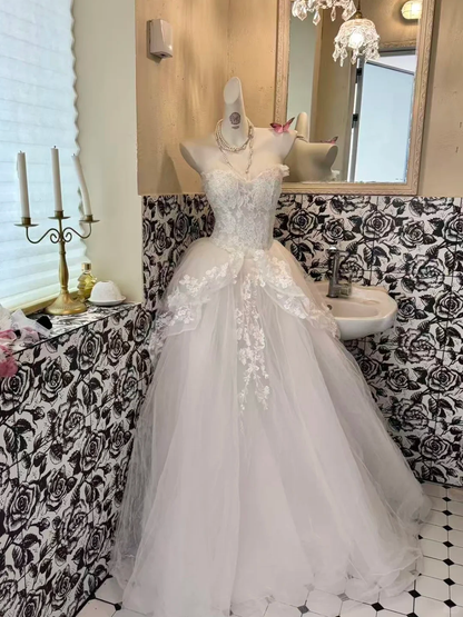 White Waist-Cinched Fitted Tulle Elegant Princess Vintage Romantic Dress, Wedding Gown gh7550