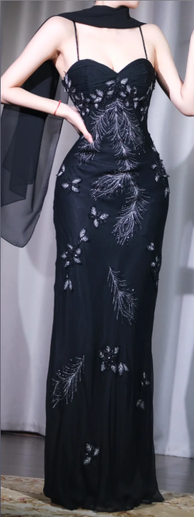 ✨Girlhomeshops-Black Mermaid Evening Gown Sweetheart Spaghetti Strap Beaded Butterfly Feather Tulle Prom Dress gh10067