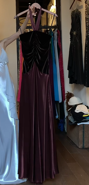 Burgundy Satin Black Velvet Halter Evening Gown Ruched Front Long Formal Prom Dress gh9738