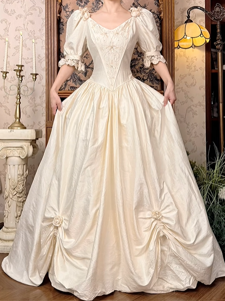 Off‑White Vintage Puff Sleeve Fitted Waist Full Flared Skirt Luxury Prom Gown, Wedding Dress gh8600