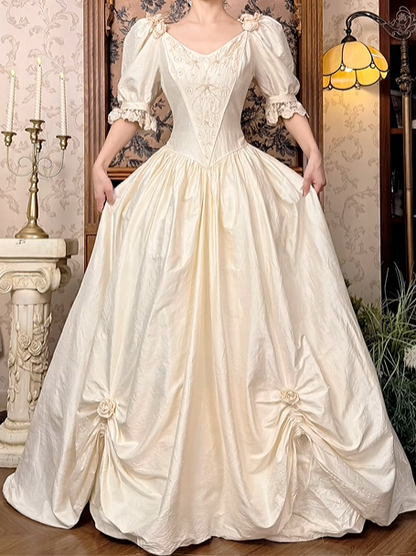 Off‑White Vintage Puff Sleeve Fitted Waist Full Flared Skirt Luxury Prom Gown, Wedding Dress gh8600
