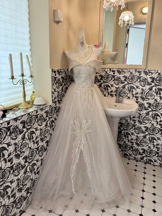 Ivory Off-the-Shoulder Sequin Waist-Cinched Fitted A-Line Romantic Dress, Wedding Gown gh7545