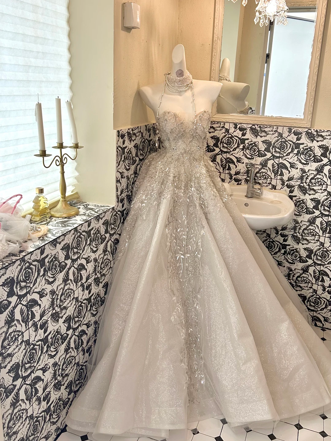 Silver Grey Strapless Rhinestone Cinched Waist Full Flared Skirt Long Romantic Dress, Wedding Gown gh7798