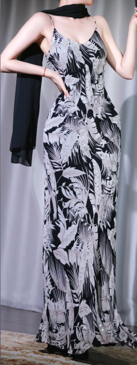 ✨Girlhomeshops-Black White Leaf Print Long Mermaid Gown Spaghetti Strap gh10111
