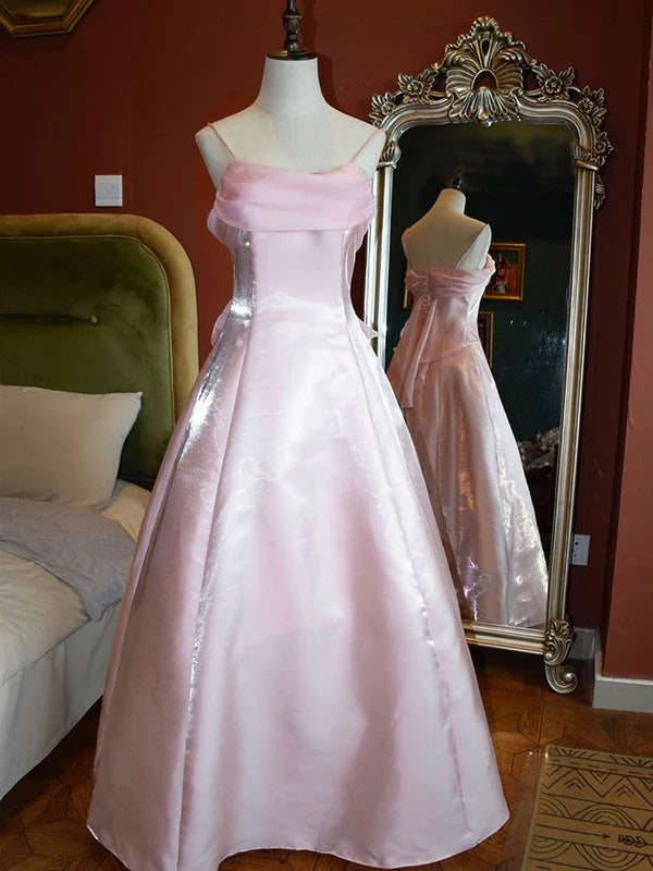Robe de soirée longue en satin à bretelles spaghetti rose en tulle gh3259