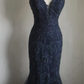 Navy V‑Neck Spaghetti Strap Mermaid Evening Gown, Floral Lace Sequin Applique Tulle Train Formal Prom Dress gh9121