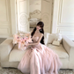 Women Romantic Light Pink Strapless Prom Dress Ruffle Bust Boned Corset Flowy Tulle Long Evening Gown gh9433