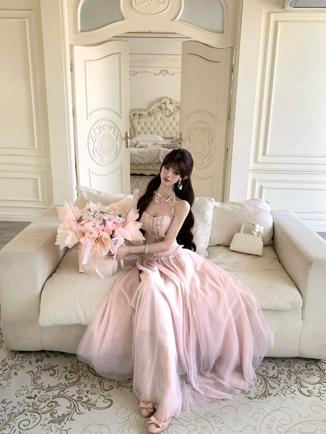 Women Romantic Light Pink Strapless Prom Dress Ruffle Bust Boned Corset Flowy Tulle Long Evening Gown gh9433