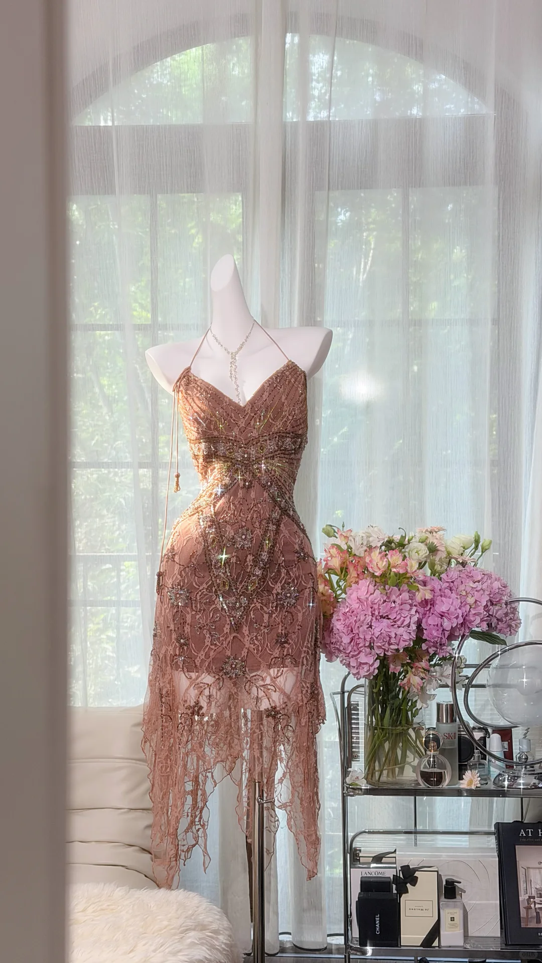 Dusty Rose Halter Lace Beaded Short Evening Dress, V Neck Irregular Fringe Hem Cocktail Gown, Sparkly Party Homecoming Dress gh9497