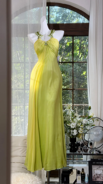 Lime Green Halter Rhinestone Pleated Chiffon Long Evening Dress, A-Line Flowy Prom Gown gh9507