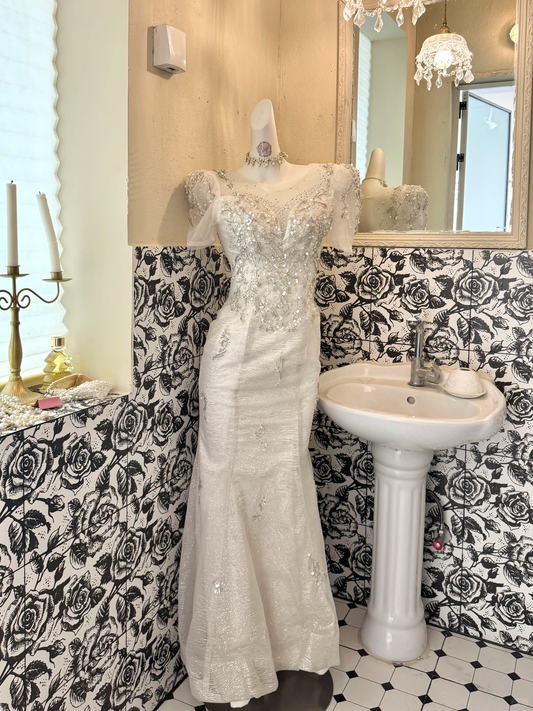 White Short Sleeve Rhinestone Waist-Cinched Figure-Flattering Sexy Bodycon Romantic Dress, Wedding Gown gh7752