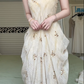 Light Apricot Spaghetti Strap Long Evening Gown, V‑Neck Gold‑Brown Leaf Embroidery Draped Pleated Floor‑Length Formal Prom Dress With Pockets gh8982