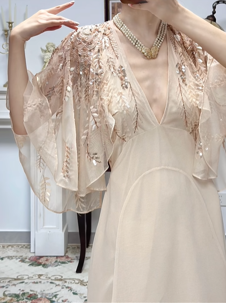 Pale‑Apricot‑Vintage‑Bohemian V‑Neck Batwing‑Flutter‑Sleeve Leaf‑Sequin‑Embroidery High‑Waist High‑Low‑Chiffon Evening Tea‑Party Gown gh8814