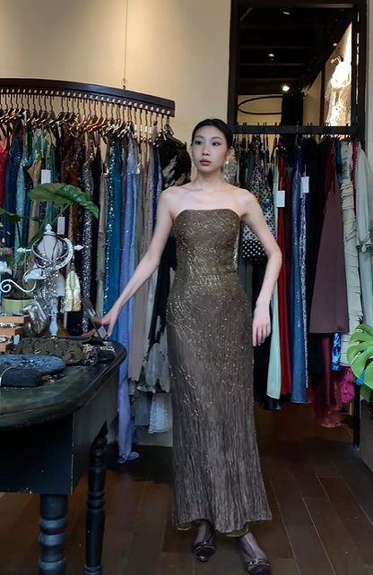 Bronze Strapless Long Formal Gown Vertical Hand Beaded Mermaid Evening Dress gh9648