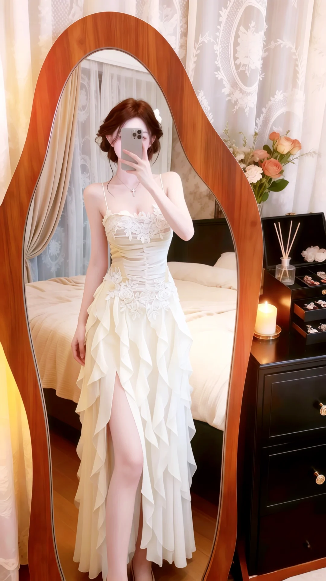 Cream Spaghetti Straps Evening Gown, 3D Rose Lace Appliques Ruched High‑Slit Ruffled Maxi Prom Dress gh9133
