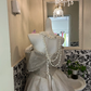 Silver Gray Bow Off-the-Shoulder Waist-Cinched Voluminous Skirt Long Luxury Romantic Dress, Wedding Gown gh7648