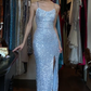 Spaghetti Straps Light Ice Blue Evening Gown Sweetheart Full Sequin Mermaid High Slit Long Prom Dress gh9712