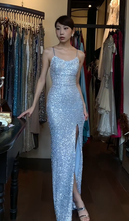 Spaghetti Straps Light Ice Blue Evening Gown Sweetheart Full Sequin Mermaid High Slit Long Prom Dress gh9712