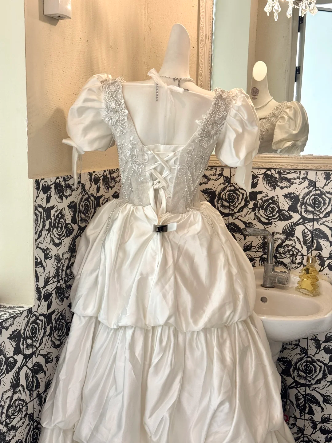 White Puff Sleeve Waist-Cinched Fitted Vintage Elegant Long Romantic Dress, Wedding Gown gh7493
