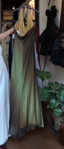 Gradient Green Vintage Prom Dress Halter V Neck Twisted Waist Chiffon Long Evening Gown gh9602