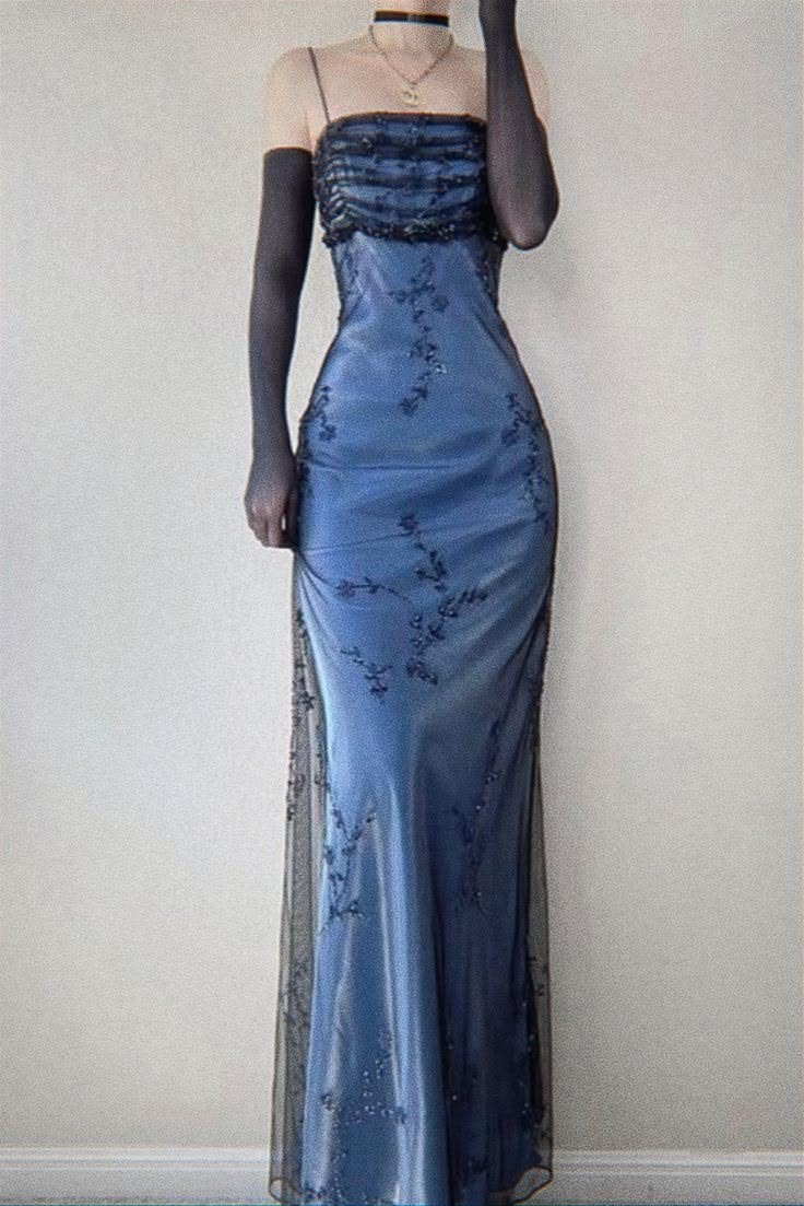 ✨Girlhomeshops-Dusty Blue Beaded Floral Embroidered Mermaid Formal Prom Gown gh10248