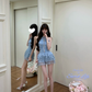 Women Sparkly Light Blue Halter Homecoming Dress Ruched Tulle Rhinestone Tiered Ruffle Short Party Dress gh9421