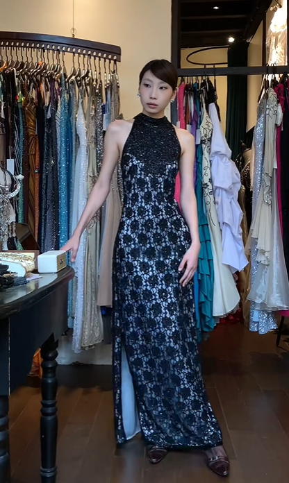 Black Halter High Neck Evening Gown Sleeveless Floral Lace Beaded High Slit Long Prom Dress gh9720