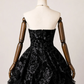 Black Gothic Midi Prom Dress, Sweetheart Strapless Lace Bodice Flocked Skull Damask Satin Overlay Tiered Ruffle Tulle Skirt Evening Gown gh9083